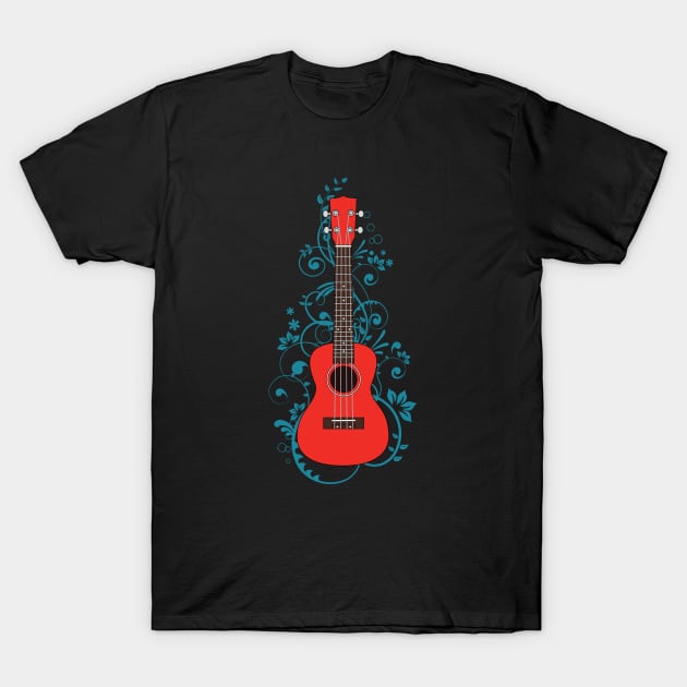 Red Ukulele Flowering Vines T-Shirt by nightsworthy